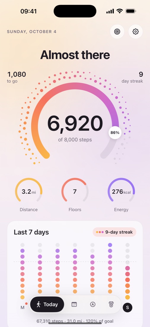 Manpo’s Today screen: 6,920 of 8,000 steps on a glowing gauge.